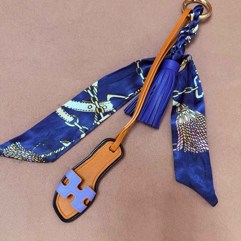 Handmade Navy Blue Bag charms Miniature sandals tassel twilly 3in1 accessories